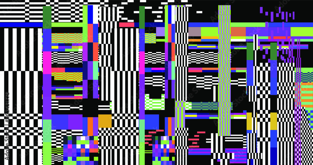 Poster Glitch datamoshing camera effect. Retro VHS background like in old video tape rewind or no signal TV screen. Vaporwave and retrowave style vector illustration.