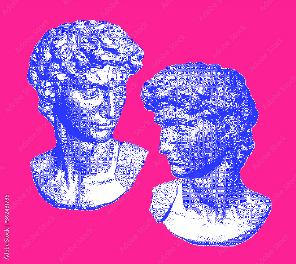 Poster Set of Classical bust sculptures. 3D rendering of Michelangelo's David head in pixel art retro 8-bit style. Retrowave and vaporwave aesthetics of 80's-90's.