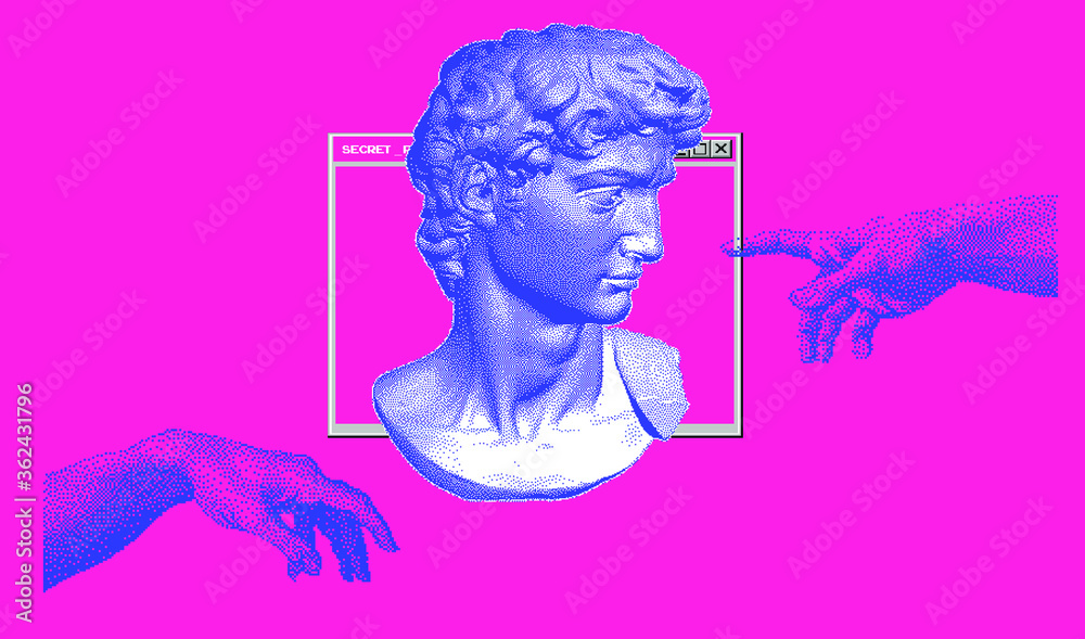 Poster Classical bust sculpture. 3D rendering of Michelangelo's David head in pixel art retro 8-bit style. Retrowave and vaporwave aesthetics of 80's-90's.