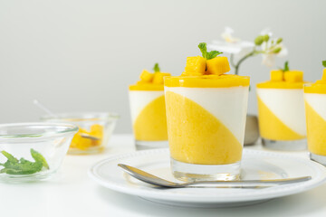 Italian dessert mango panna cotta decorated with fresh mango and mint
