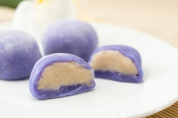 Purple color taro or yam mochi japanese dessert