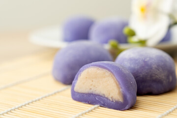 Purple color taro or yam mochi japanese dessert