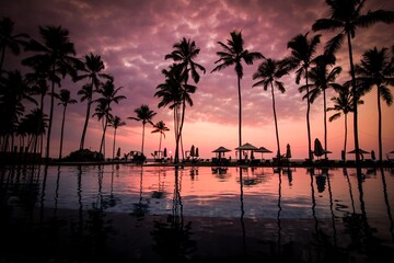 Low angle photo of coconut trees beside the body of water. - Powered by Adobe