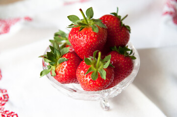 Frisch gepflückte Erdbeeren,
Erdbeere Früchte in Glasschale, Gesundes Obst,
