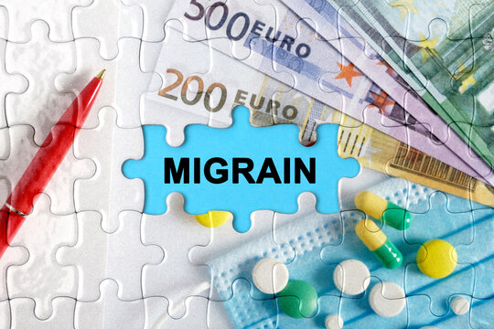 Double exposure. Puzzles with the image of pills, medical mask, pens and euro with the inscription -MIGRAIN