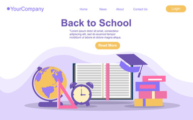 Back to school and education vector web template illustration with books, globe, dictionary. Back to School supplies website or landing. EPS