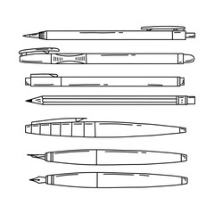 Set of pens, automatic and regular pencils, calligraphy pen. Stationery for writing and drawing. School supplies. Black and white vector. Doodle style. Hand - drawn isolated on a white background.