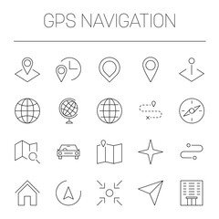 GPS navigation theme - maps, pointers, pins, globes, routes and compass symbol. Simple thin line vector icon set