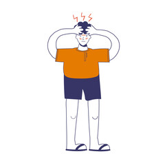 A person having a headache, migraine. Overheat. Magnetic storms. Weather dependence. . Vector illustration, blue line in cartoon style
