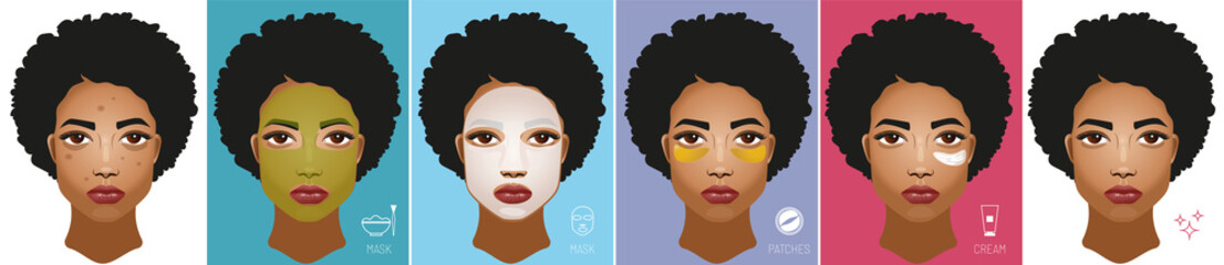 Skin care preparation for make-up. Young afro american woman with a national afro hairstyle. Icons of cosmetics: face mask, eye patches, cream and pictures depicting how to use them.