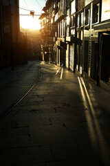 Naklejka na ściany i meble Narrow streets of the old city in the rays of a stunning dawn. Porto, Portugal.