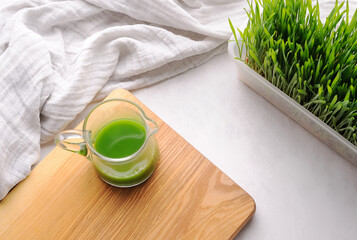 Wheat grass juice and wheat grass plant on the white background.