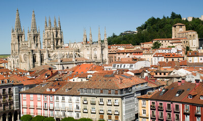 Panoramic view of the city and the cathedral of Burgos with the church of San Esteban, both Gothic.