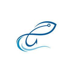 Fish And Hook Logo Concept, Fishing Logo, Flat Style Blue Color