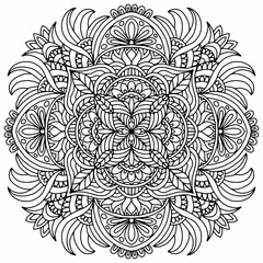 flowers and ornaments folk style drawn on a white background for coloring, vector, isolated, mandala