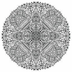 mandala with flowers in folk style drawn on a white background for coloring, isolated vector