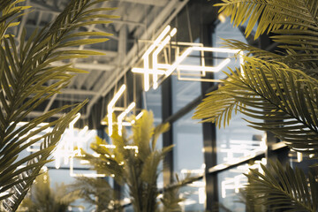 Fresh green layout with glowing neon frame on green leaves background.Spring, summer copy space for banner, poster, card, sale advertisement, party invitation