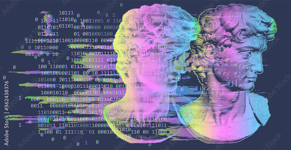 Poster Classical bust sculpture. 3D rendering of Michelangelo's David head in pixel art retro 8-bit style. Retrowave and vaporwave aesthetics of 80's-90's.