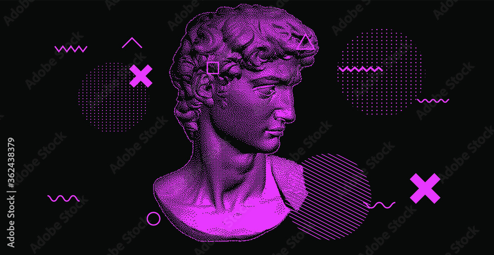Poster Classical bust sculpture. 3D rendering of Michelangelo's David head in pixel art retro 8-bit style. Retrowave and vaporwave aesthetics of 80's-90's.