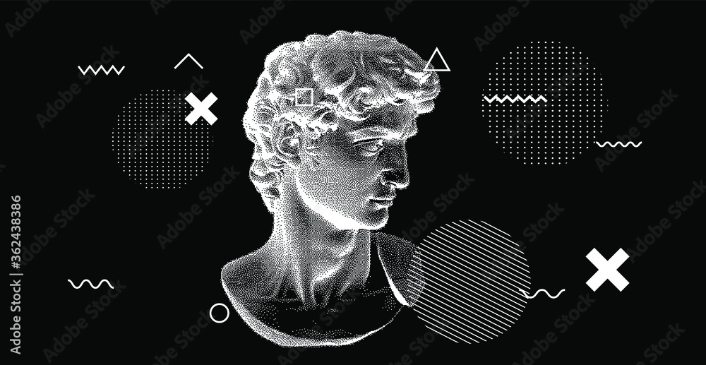 Poster 3D rendering of Michelangelo's David head in pixel art 8-bit style. Concept of Academic art and classical fine arts in modern contemporary stylization.