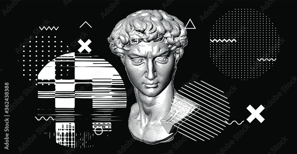 Poster 3D rendering of Michelangelo's David head in pixel art 8-bit style. Concept of Academic art and classical fine arts in modern contemporary stylization.