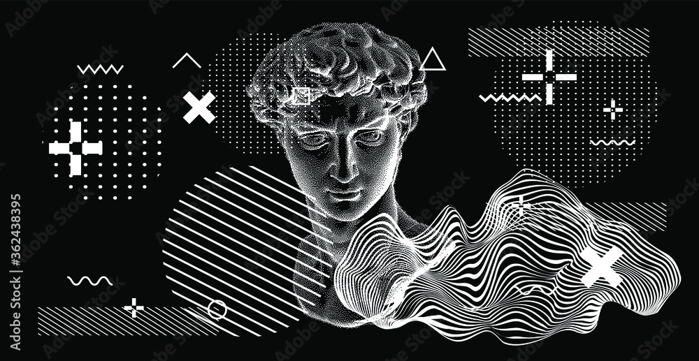 Poster 3D rendering of Michelangelo's David head in pixel art 8-bit style. Concept of Academic art and classical fine arts in modern contemporary stylization.