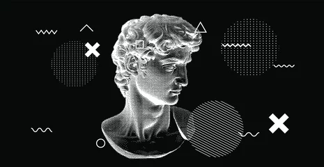 Tuinposter 3D-weergave van het hoofd van David van Michelangelo in pixelart 8-bits stijl. Concept van academische kunst en klassieke schone kunsten in moderne hedendaagse stilering. © local_doctor