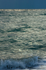 sea landscape is a pebbly beach with waves in white foam