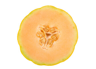 Close up on cross section of Cantaloupe cut width wise showing seeds, isolated on white.