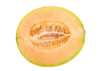 Close up on cross section of Cantaloupe cut lengthwise showing seeds, isolated on white.