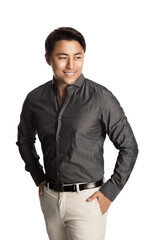Fototapeta premium Image of a handsome Japanese entrepreneur smiling away from the camera with both hands in his pocket wearing grey collared long sleeves and bright pants.