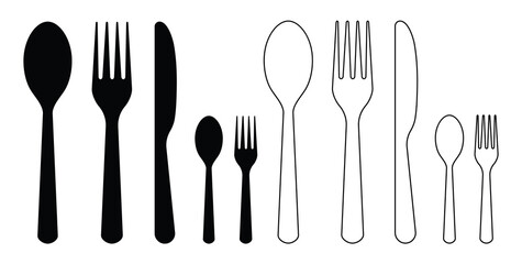 Fork, knife, spoon. Dinner icons. Silhouettes of cutlery. Set of silverware for food in restaurant. Utensil - symbol of eat, meal and lunch. Graphic background for kitchen. Black dishware. Vector