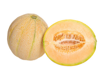 whole ripe cantaloupe next to half cantaloupe cute lengthwise, showing seeds and connective fibers holding seeds. Isolated on white.