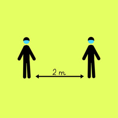 Social distancing. Keep a distance of 2 meters. Pin. Stick a man in an antiviral medical mask keeps his distance. Be safe.