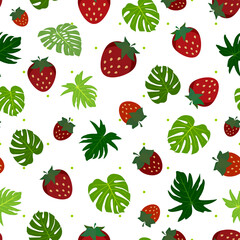 Strawberry and tropical leaves,  flat vector illustration, red and green, seamless pattern