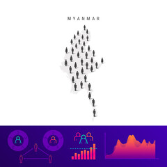 Myanmar people map. Detailed vector silhouette. Mixed crowd of men and women. Population infographic elements