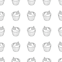 Cupcake, cake. Seamless vector pattern. Black and white outline drawing. Print for notebook covers, packaging, wrapping paper.