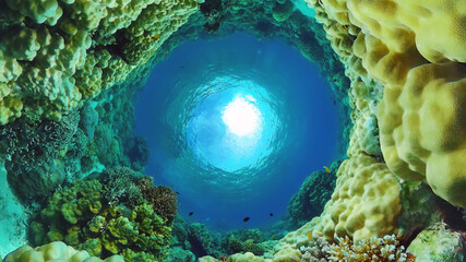 Underwater fish reef marine. Tropical colorful underwater seascape with coral reef. Panglao, Bohol,...