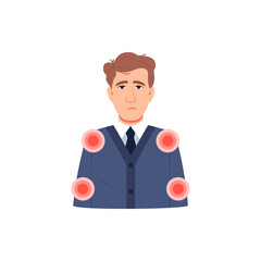 Young sick man has muscle pain symptom. Flat character icon isolated on white. Infected sick person with body aches. Arms joint shoulder, elbow pain. Coronavirus flu cold medical vector illustration.