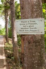 environmental conservation sign on a tree in the forest 