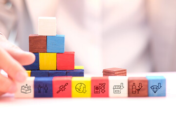 Wooden cube block with new normal word and business icon, business with social distancing personal hygiene  icon, Business concept growth success process.