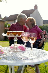 A man giving his wife an anniversary kiss at the garden