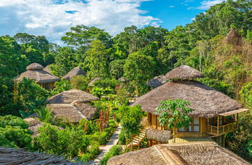Amazon rainforest lodge in summer, Yasuni national park, Ecuador.