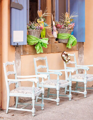 Easter decoration of the exterior wall of an antique store