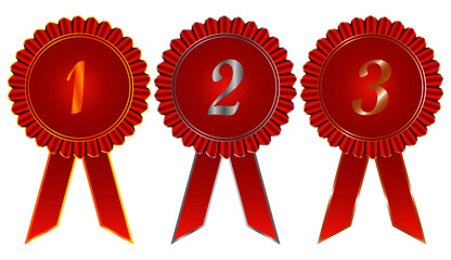 Sports medals. Golden silver bronze medal with ribbon. Champion winner awards of honor vector. Illustration of championship trophy, champion medal of set