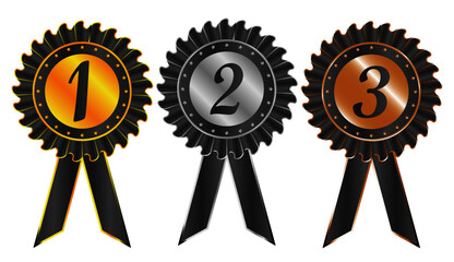 Sports medals. Golden silver bronze medal with ribbon. Champion winner awards of honor vector. Illustration of championship trophy, champion medal of set