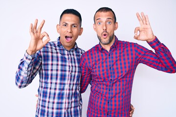 Naklejka premium Young gay couple of two men wearing casual clothes looking surprised and shocked doing ok approval symbol with fingers. crazy expression