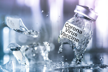 Coronavirus vaccine vial breaking into pieces with splashing liquid. Failure to create a vaccine,...