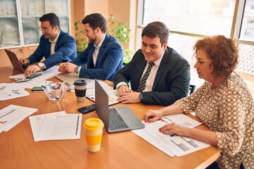 Fototapeta premium Business lawyers workers meeting at law firm office. Professional executive partners working on finance strategry at the workplace