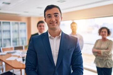 Business lawyers workers meeting at law firm office. Professional executive partners working on finance strategry at the workplace. Leader worker standing confident looking at the camera.